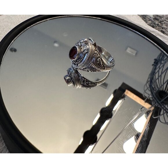 Poison Ring Sterling Silver 925 Garnet Gemstone Intricate Filigree Design Gift - Picture 3 of 16